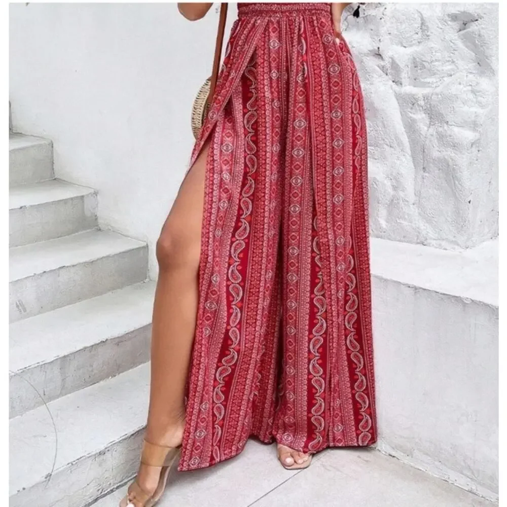 Boho Red Paisley print strapless wide leg large jumpsuit hippie resort vacation - Picture 5 of 9